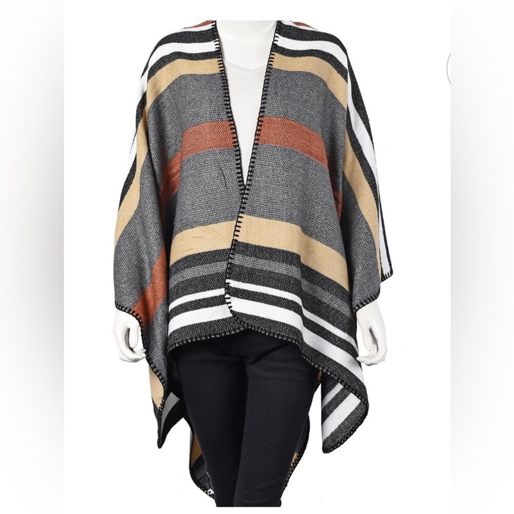 Gray, Multi Color Stripe Pattern Ruana, One size fits most